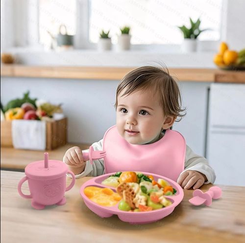 Baby Led Weaning Supplies, 17 Piece BPA-Free Silicone Feeding Set, Eating Essentials Baby Utensils with Suction Plate and Bowl, Pocket Bib, Sippy Cup with Lid, for 6+ Months