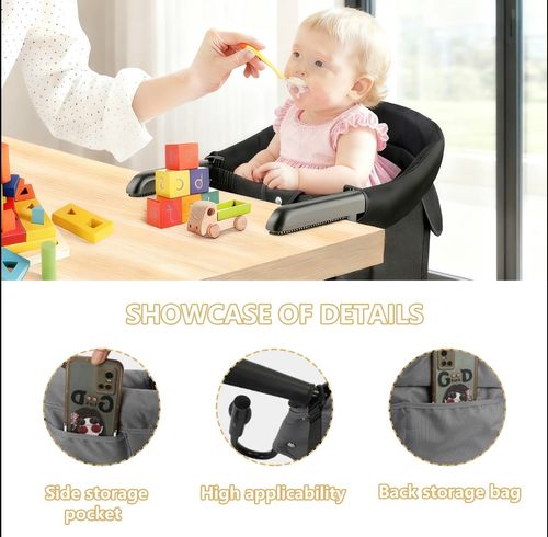 Hook on High Chair Portable Foldable High Chair for Babies 6-36 Months Black Sturdy Aluminum Alloy Clamp Water-Resistant 3-Point Safety Harness carry bag