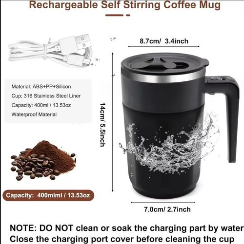 SelfStirring Coffee Mug, Rechargeable Self Stirring Mug with Sliding Lid, Automatic Cup, Electric Stirring Cup for Coffee, Tea, Milk 13.5oz