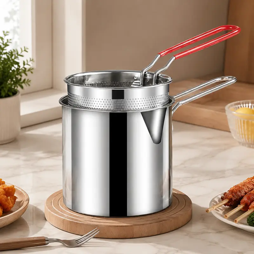 Stainless Steel Deep Fryer Set - 5.12*4.72in 1-Person Mini Pot with Fry Pot, Filter Basket & Food Clip, Rust-Resistant Portable Cookware for Home Kitchen Chips, Chicken Wings