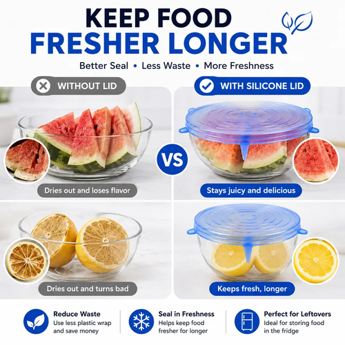 6 Pack Silicone Stretch Lids (2.6in, 3.7in, 4.3in, 5.5in, 6.3in, 7.7in), Reusable Food Grade Silicone Covers for Bowls, Pots, Cups & Fruits, BPA Free