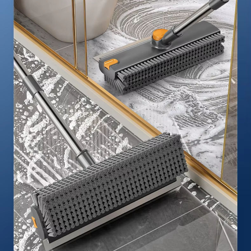 3 in 1 Heavy-Duty Stiff Bristle Floor Scrubber Brush with Long Handle Squeegee Tweezer Made of Durable Rubber