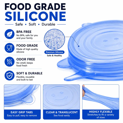 6 Pack Silicone Stretch Lids (2.6in, 3.7in, 4.3in, 5.5in, 6.3in, 7.7in), Reusable Food Grade Silicone Covers for Bowls, Pots, Cups & Fruits, BPA Free