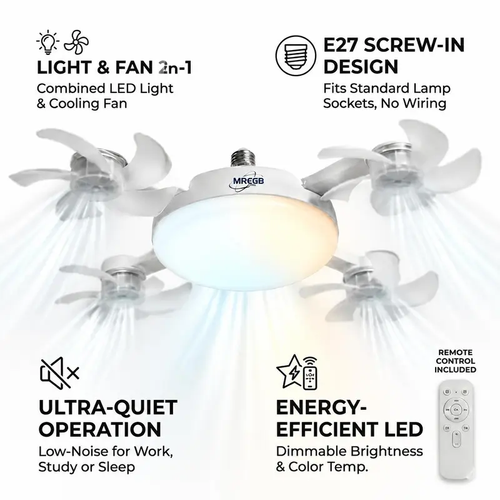 New E27 Socket Ceiling Fan Light - 2-in-1 Silent LED Fan with Remote Control, Energy-Saving Cooling & Lighting Combo for Home Bedroom
