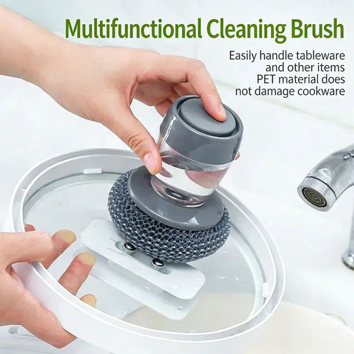 Automatic Liquid Filling Palm Brush with Comfort Handle, Ergonomic Non-slip Grip, Durable Bristles - Kitchen Gadgets, Cleaning Supplies for Sink Pot Bowl Cleaning, Detachable Head, Removable & Washable Multi-Purpose Home Care Sponge
