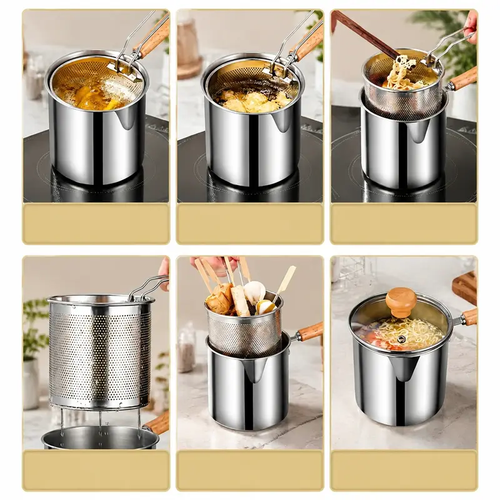 Stainless Steel Deep Fryer Set - 5.12*4.72in 1-Person Mini Pot with Fry Pot, Filter Basket & Food Clip, Rust-Resistant Portable Cookware for Home Kitchen Chips, Chicken Wings