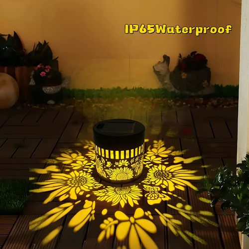 Creative Hollow Cylinder Solar LED Iron Art Outdoor Waterproof Wall Lamp for Garden,Supports switching between seven pattern colors.