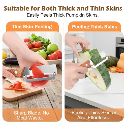 Wooden-Handled Stainless Steel Sharp Peeler with Built-In Bottle Opener for Fruits & Vegetables Ergonomic Non-Slip Handle Long-Lasting Construction Essential Kitchen Tool