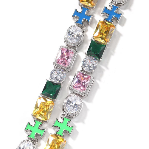 Hip Hop 10mm Exquisite Templar Multicolored Diamonds Enamel Cross Mixed Gemstone Cluster Colorful Chain Necklace