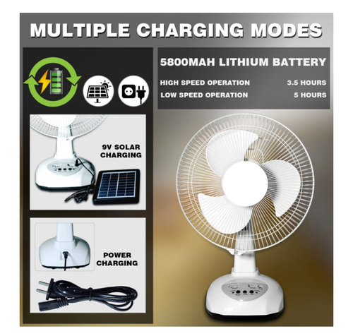 Ventilador de mesa elétrico solar com bateria de resfriamento para uso doméstico de alta qualidade, recarregável, DC, 12 polegadas, ventilador solar eólico com lâmpada LED