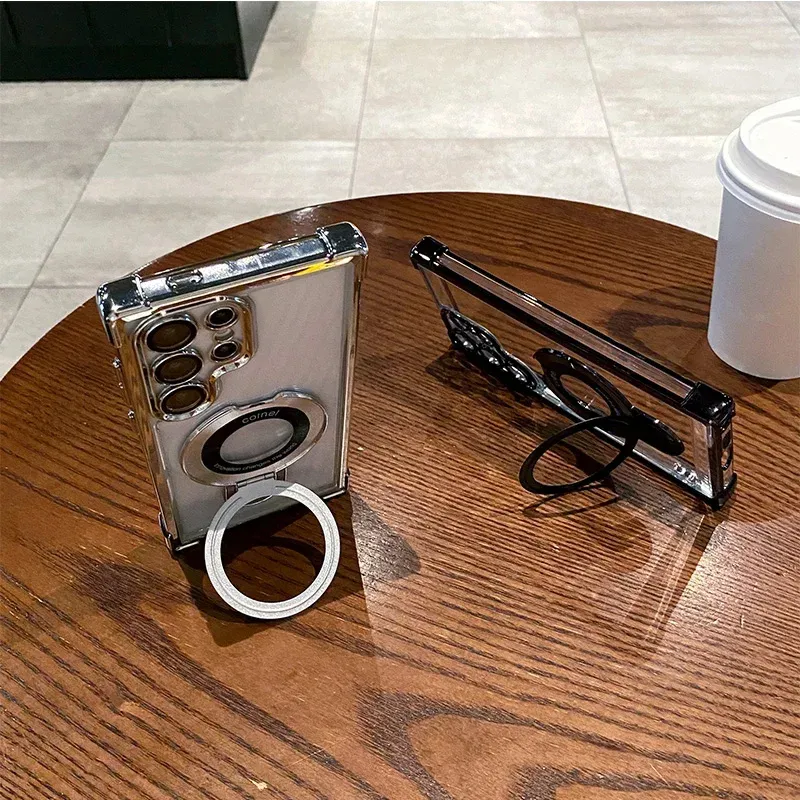 Hot Selling Anti Fall Airbag Transparent Plating PC Magnetic With Metal Holder Phone Case for Samsung S24 Ultra