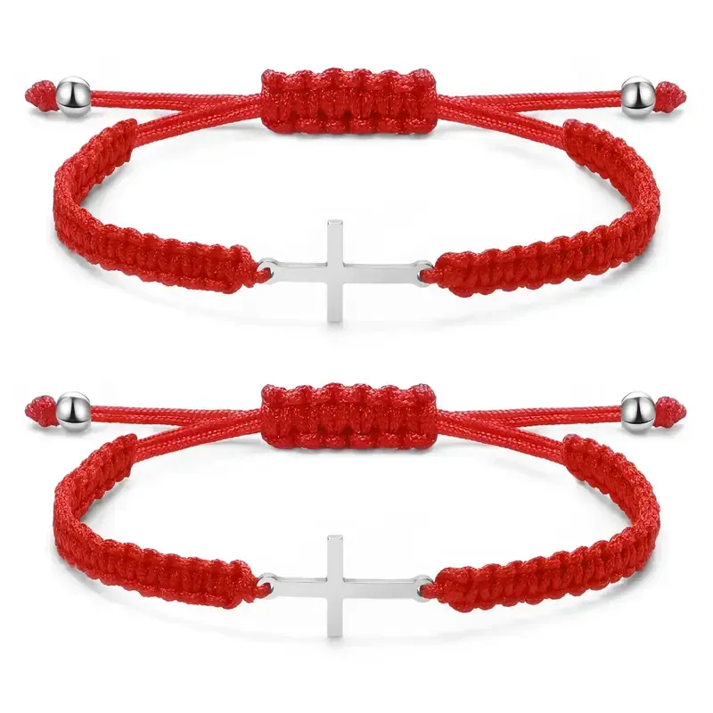2pcs Stainless Steel Cross Bracelet for Boys Girls, Braided Rope Friendship Bracelet, Adjustable Faith Hope Blessed Jewelry for Men Women