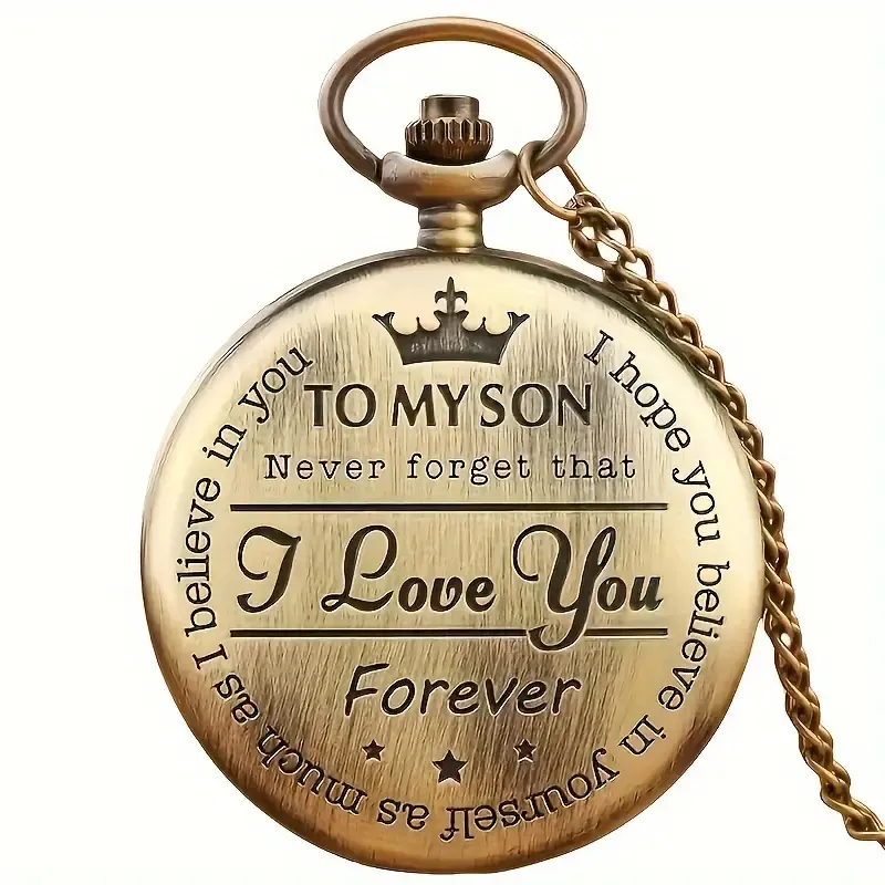 Vintage Bronze Pocket Watch for Men with Engraved I Love You  Inscription, Round Dial, Quartz Movement