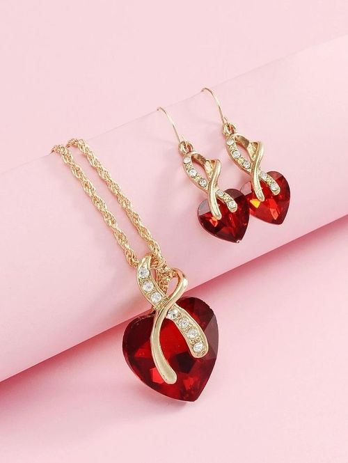 Women's Heart Necklace + Earrings - 2 Pieces Red