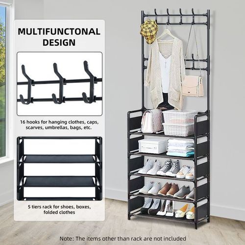 5-Tiers Metal Shoe Rack Hat Rack With 16 Hooks+Side Cover