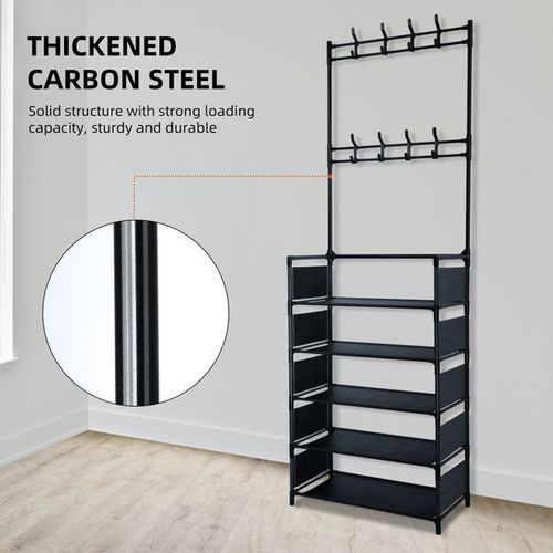 5-Tiers Metal Shoe Rack Hat Rack With 16 Hooks+Side Cover