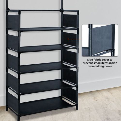 5-Tiers Metal Shoe Rack Hat Rack With 16 Hooks+Side Cover