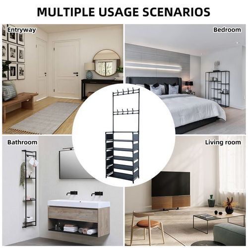 5-Tiers Metal Shoe Rack Hat Rack With 16 Hooks+Side Cover