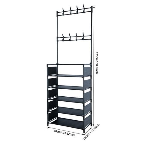 5-Tiers Metal Shoe Rack Hat Rack With 16 Hooks+Side Cover