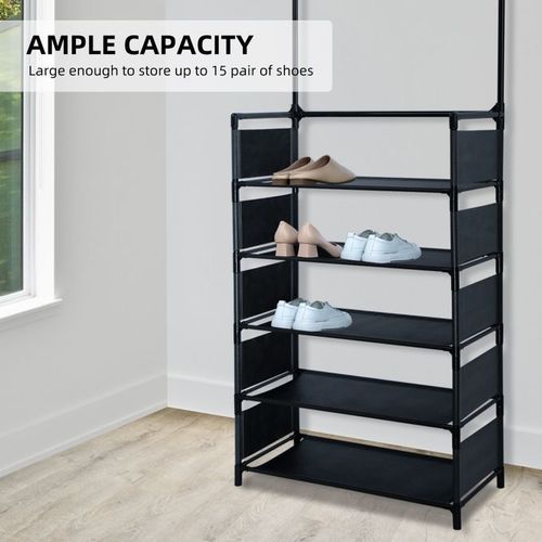 5-Tiers Metal Shoe Rack Hat Rack With 16 Hooks+Side Cover
