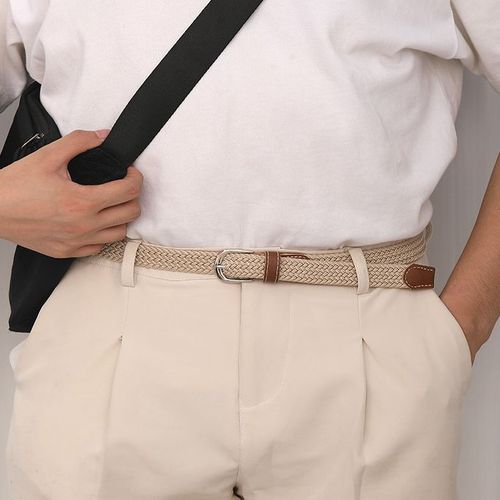 2 Pcs Belt Elastic Non-marking Braided No-punch Woven Versatile Balck Beige