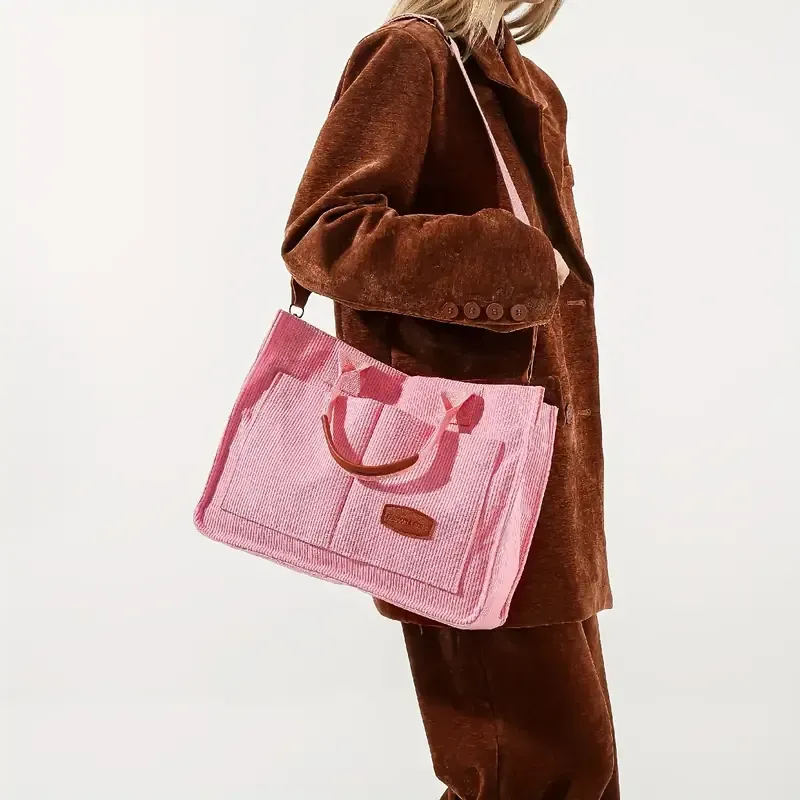Roomy Corduroy Tote Bag with Wide Shoulder Strap for Women - 2024 Collection