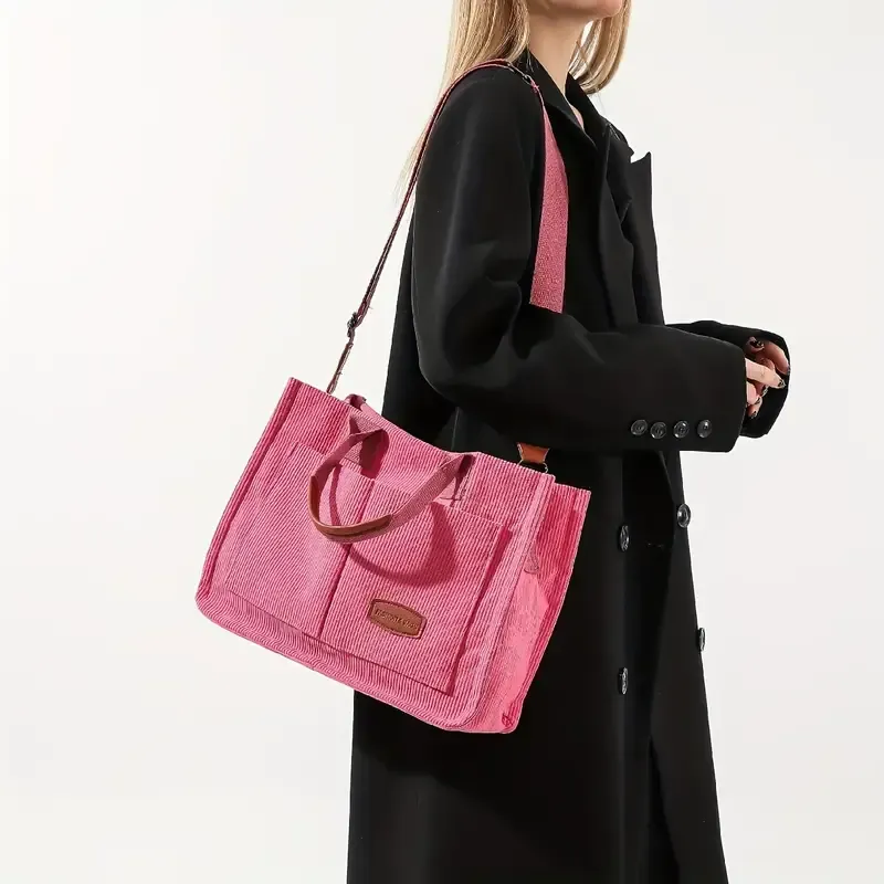 Roomy Corduroy Tote Bag with Wide Shoulder Strap for Women - 2024 Collection