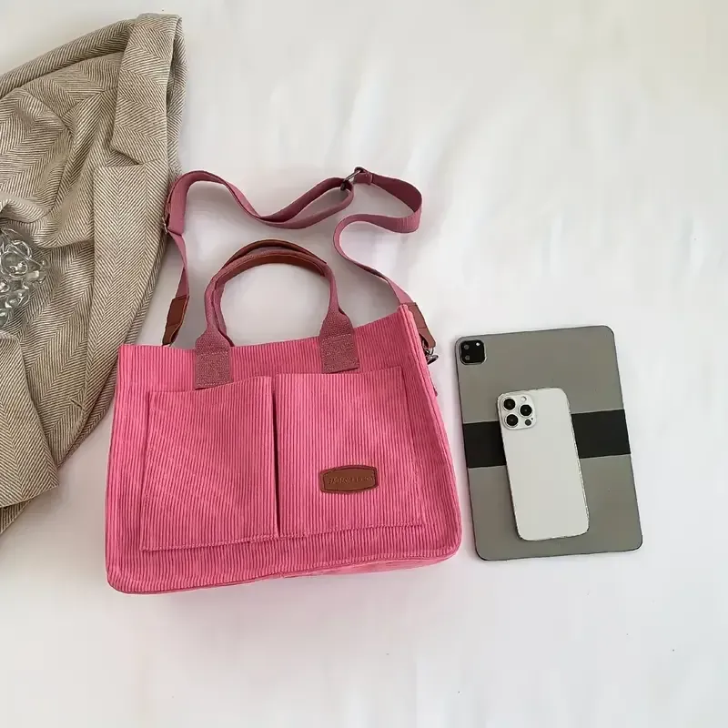 Roomy Corduroy Tote Bag with Wide Shoulder Strap for Women - 2024 Collection