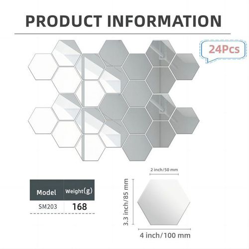 24PCS Acrylic Mirror Wall Sticker Reflective Self-adhesive Hexagon Home Decorations