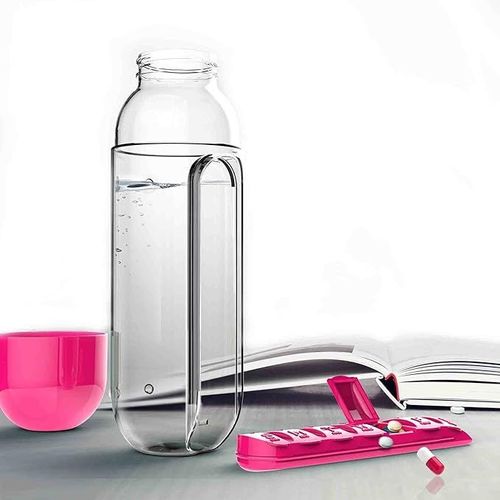 Outdoor Portable Water Bottle With Medicine Box-600ML-Pink