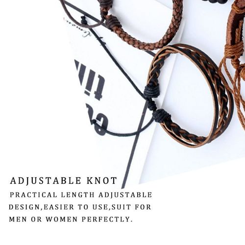 4 In 1 PU Leather Mens Bracelets Retro Braided Adjustable Hand Bracelet