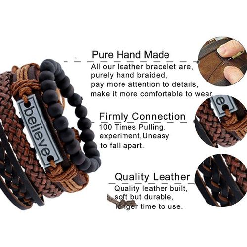 4 In 1 PU Leather Mens Bracelets Retro Braided Adjustable Hand Bracelet