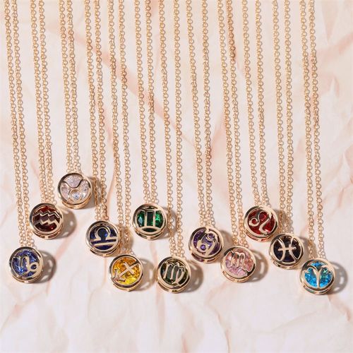 Double-sided hollow twelve constellations necklace, versatile twelve birthdays, zircon pendant, clavicle chain, real gold plated, color-preserving