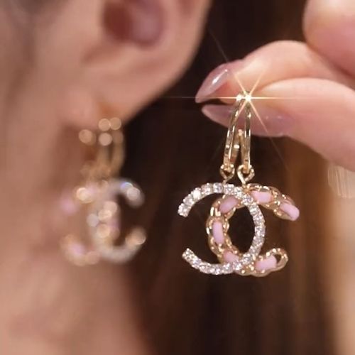 C pink leather diamond earrings S925 silver needle