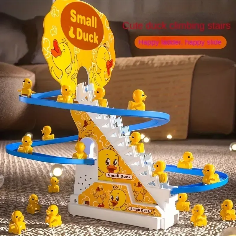 Little yellow duck slide track, light and music, little duck automatically climbs stairs, cute and cute children's toys