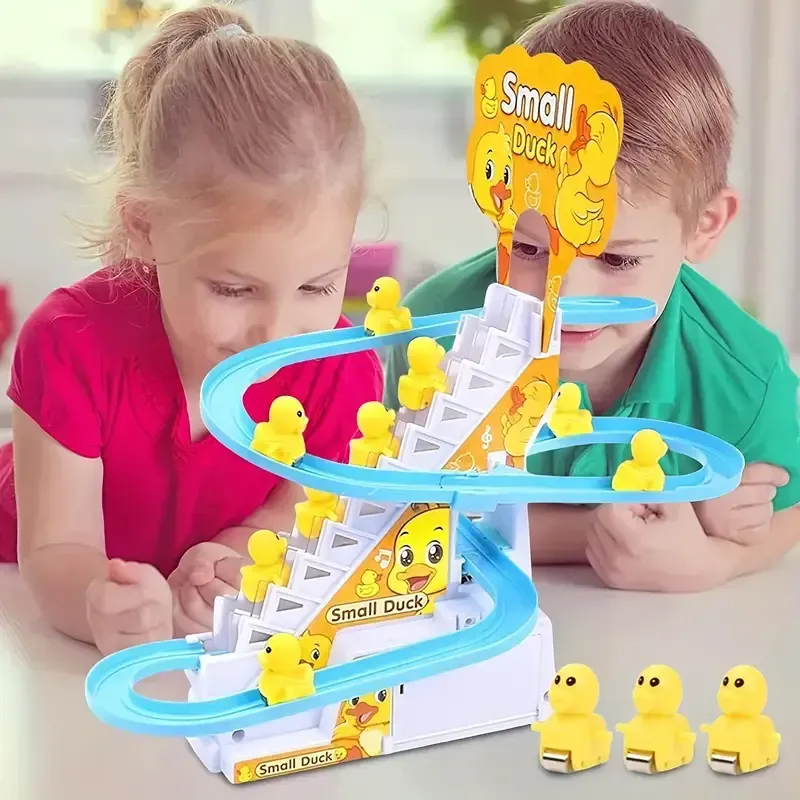Little yellow duck slide track, light and music, little duck automatically climbs stairs, cute and cute children's toys