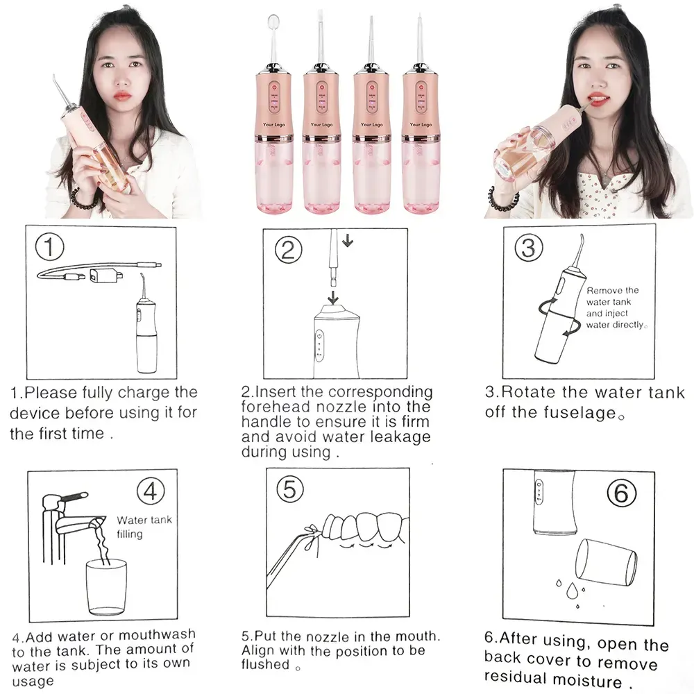 Portable dental flosser oral irrigator USB charging with dental floss spray tooth pick 4 tips 220 ml mouthwash machine