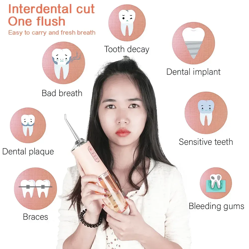 Portable dental flosser oral irrigator USB charging with dental floss spray tooth pick 4 tips 220 ml mouthwash machine