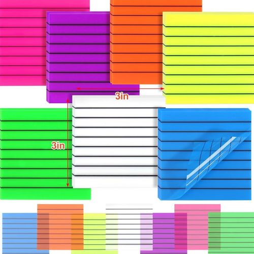7 pcs 350 Sheets Lined Stick Notes, 7.6 * 7.6cm Super Sticky Notes 7 Bright Colors Lined Self-Stick Note for Office School and Home