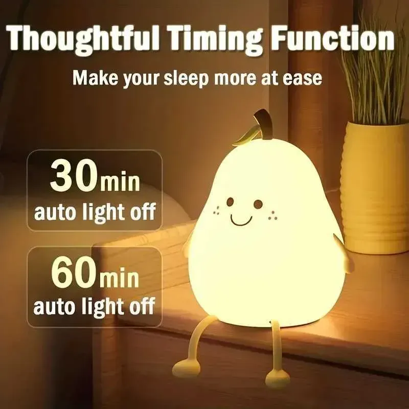 Cute Night Light Rechargeable with 7 Color Changing and Timer, Kids Pear Night Light for Toddler Baby Christmas Gifts, Touch Portable LED Silicone Lamp for Nursery