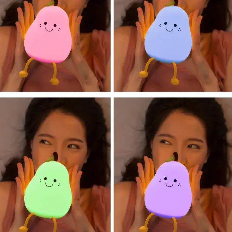 Cute Night Light Rechargeable with 7 Color Changing and Timer, Kids Pear Night Light for Toddler Baby Christmas Gifts, Touch Portable LED Silicone Lamp for Nursery