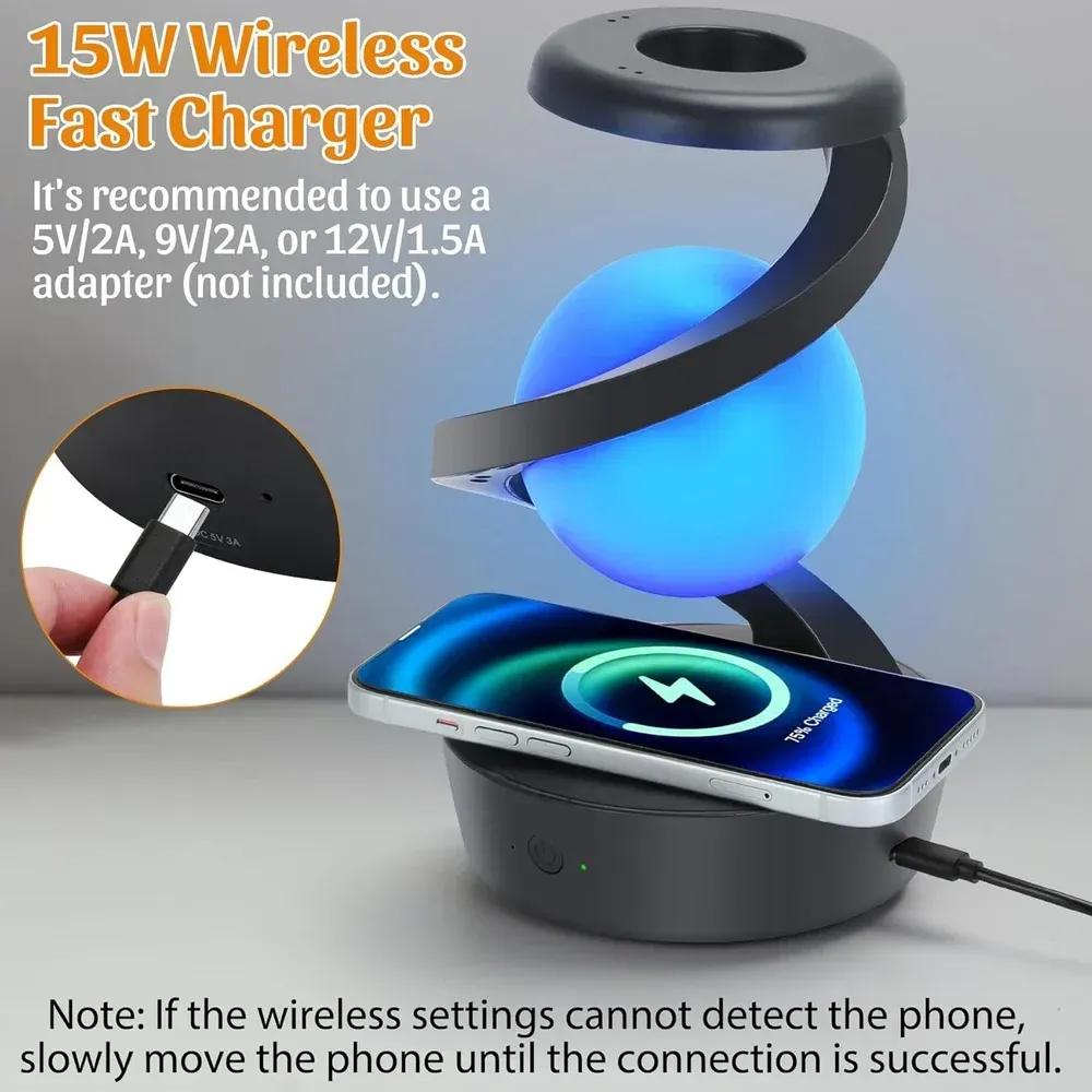 Spiral Levitation Floating Light RGB Night Light with Phone Wireless Charging Pad