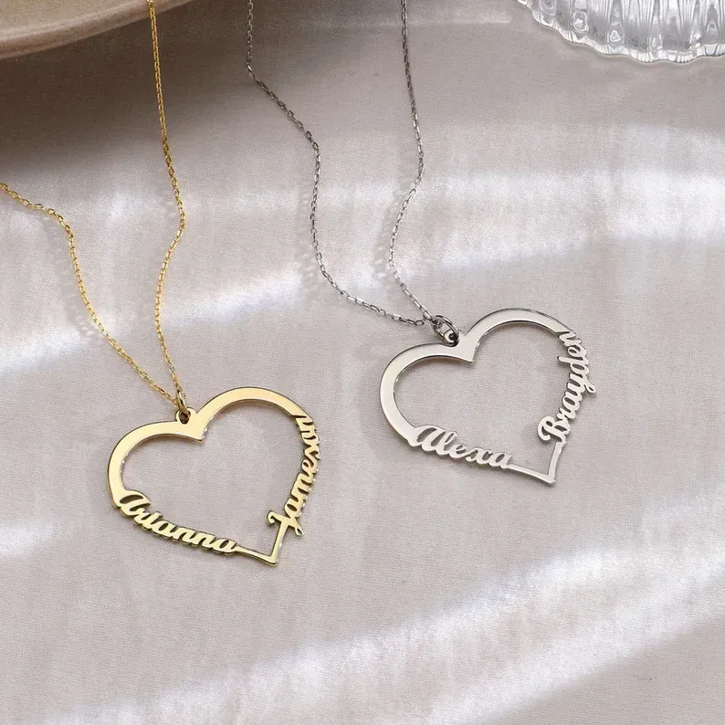 Custom Engraved Heart Pendant Gold Name Necklace Two Names • Personalized Love Jewelry for Her Girlfriend Daughter Mom • Mother's Day Gift