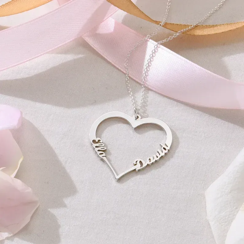 Custom Engraved Heart Pendant Gold Name Necklace Two Names • Personalized Love Jewelry for Her Girlfriend Daughter Mom • Mother's Day Gift
