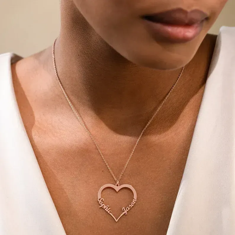 Custom Engraved Heart Pendant Gold Name Necklace Two Names • Personalized Love Jewelry for Her Girlfriend Daughter Mom • Mother's Day Gift
