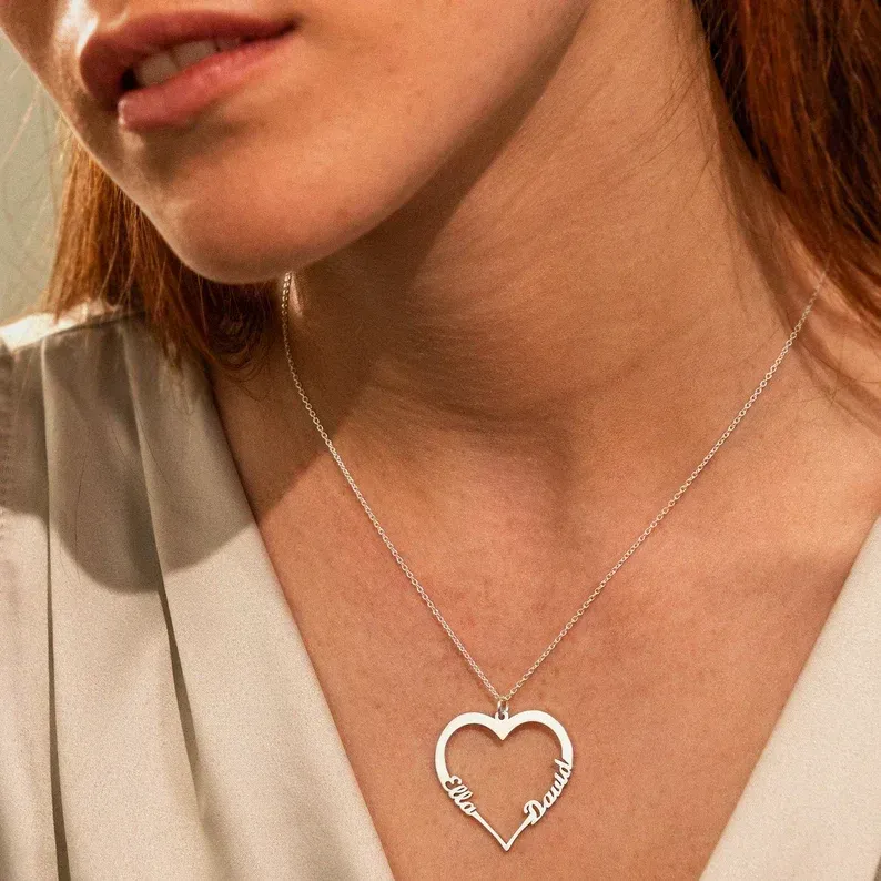Custom Engraved Heart Pendant Gold Name Necklace Two Names • Personalized Love Jewelry for Her Girlfriend Daughter Mom • Mother's Day Gift