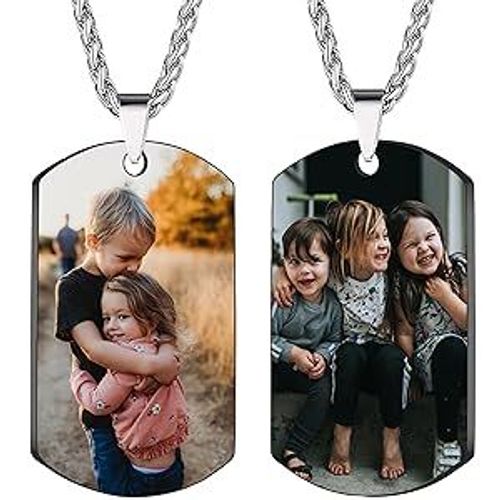 Custom Necklaces--Personalized Double Sided Photo Text + Icon Necklace Men's Custom Necklace with Picture