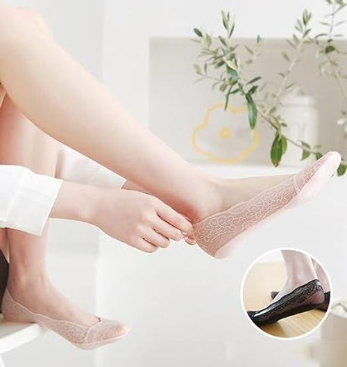 🧦5 Pairs Lace No Show Liner Socks for Women✨(Black+Blue+Gray+Skin tone+White）