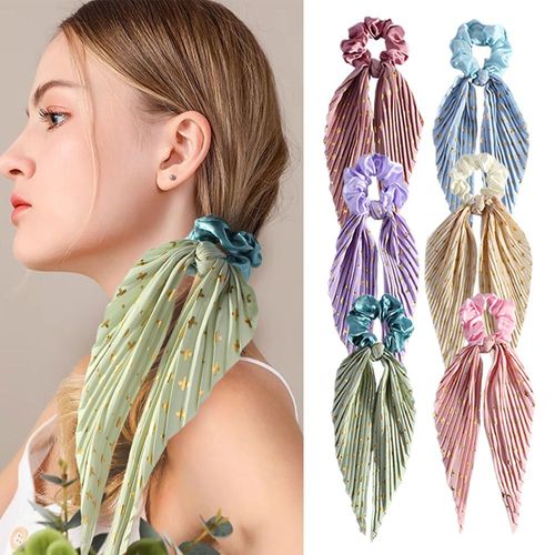 Set of 6 Handmade Pleated Floral Ribbon Scrunchies