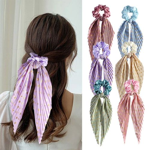 Set of 6 Handmade Pleated Floral Ribbon Scrunchies